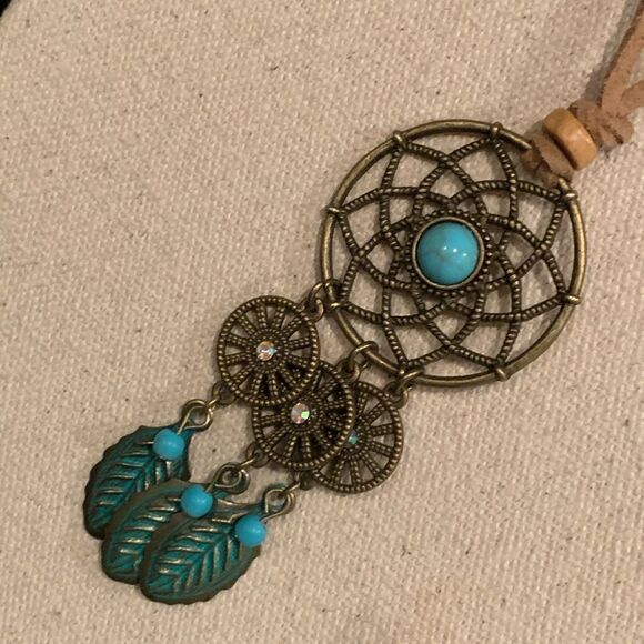 Boho Dreamcatcher Style Necklace with Turquoise Accents & Beads - Western Style - Picture 3 of 9